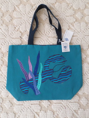 Maine Lobster & Seaweed Hand Embroidered Canvas Tote Bag - MEDIUM