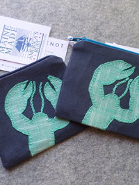 Green Lobster or Whale Zipper Bag, Hand Embroidered