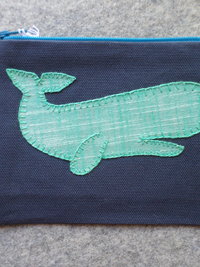 Green Lobster or Whale Zipper Bag, Hand Embroidered