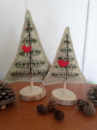 Maine Balsam Fir Hand Embroidered Felt Tabletop Tree Sculpture with Glass Beads 