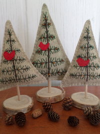 Maine Balsam Fir Hand Embroidered Felt Tabletop Tree Sculpture with Glass Beads 