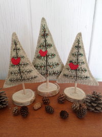 Maine Balsam Fir Hand Embroidered Felt Tabletop Tree Sculpture with Glass Beads 