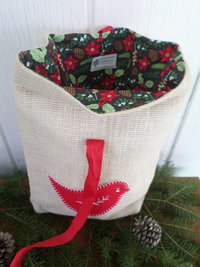 Red Bird Re-useable Holiday Gift Bag, Hand Embroidered