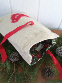 Red Bird Re-useable Holiday Gift Bag, Hand Embroidered