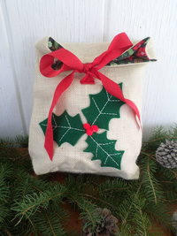 Holly Re-useable Holiday Gift Bag, Hand Embroidered