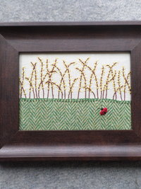 Forsythia Downeast Spring, Hand-Embroidered Crewel Wall Art