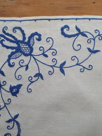 Vintage Hand Embroidered Bluework Tablecloth