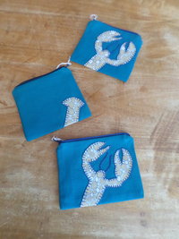 Maine Lobster Zip Bag, Hand Embroidered Coin Purse