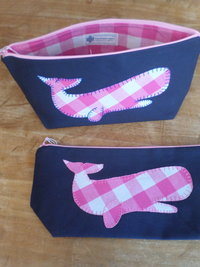 Pink Gingham Whale Hand Embroidered Zipper Clutch Bag