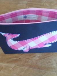 Pink Gingham Whale Hand Embroidered Zipper Clutch Bag