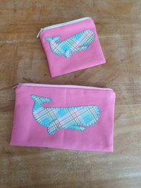 Pink Whale Hand Embroidered Coin Purse, Zipper Clutch Bag