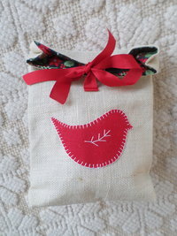 Red Bird Re-useable Holiday Gift Bag, Hand Embroidered