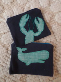 Green Lobster or Whale Zipper Bag, Hand Embroidered