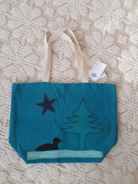Maine Pine Tree & Loon Hand Embroidered Canvas Tote Bag - MEDIUM
