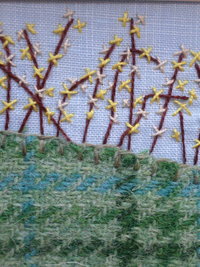 Forsythia Downeast Spring 5" x 7" Hand Embroidered Crewel Wall Art