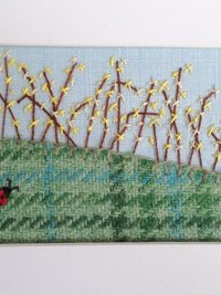 Forsythia Downeast Spring 5" x 7" Hand Embroidered Crewel Wall Art