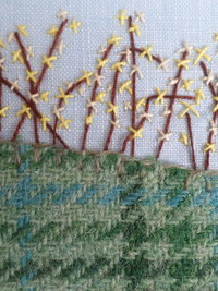 Forsythia Downeast Spring 5" x 7" Hand Embroidered Crewel Wall Art