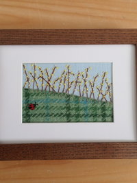 Forsythia Downeast Spring 5" x 7" Hand Embroidered Crewel Wall Art