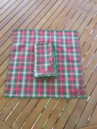 Red & Green Plaid Holiday Linen Napkins, Hand Embroidered Flowers