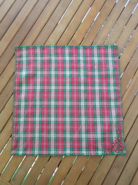 Red & Green Plaid Holiday Linen Napkins, Hand Embroidered Flowers