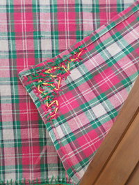 Red & Green Plaid Holiday Linen Napkins, Hand Embroidered Flowers