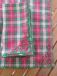 Red & Green Plaid Holiday Linen Napkins, Hand Embroidered Flowers