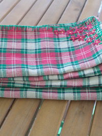 Red & Green Plaid Holiday Linen Napkins, Hand Embroidered Flowers