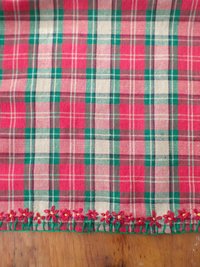 Red & Green Plaid Holiday Table Runner, Hand Embroidered Flowers