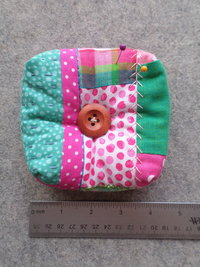 Patchwork Pincushion, Hand Embroidered Crazy Quilt Design in Pinks and Greens