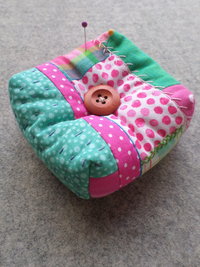 Patchwork Pincushion, Hand Embroidered Crazy Quilt Design in Pinks and Greens