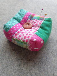 Patchwork Pincushion, Hand Embroidered Crazy Quilt Design in Pinks and Greens