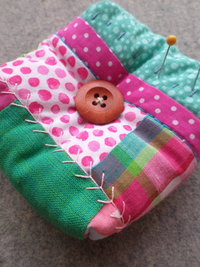 Patchwork Pincushion, Hand Embroidered Crazy Quilt Design in Pinks and Greens