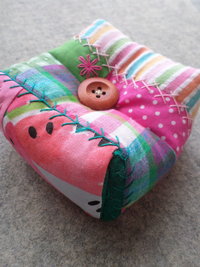 Patchwork Pincushion, Hand Embroidered Crazy Quilt Design in Pinks and Greens