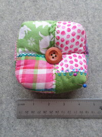 Patchwork Pincushion, Hand Embroidered Crazy Quilt Design in Pinks and Greens