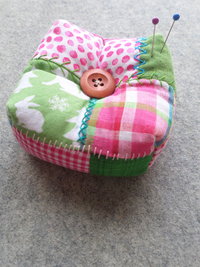Patchwork Pincushion, Hand Embroidered Crazy Quilt Design in Pinks and Greens