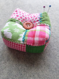 Patchwork Pincushion, Hand Embroidered Crazy Quilt Design in Pinks and Greens