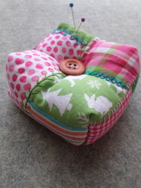 Patchwork Pincushion, Hand Embroidered Crazy Quilt Design in Pinks and Greens