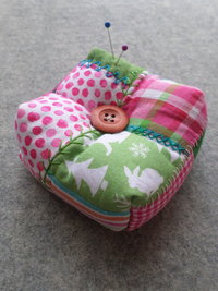 Patchwork Pincushion, Hand Embroidered Crazy Quilt Design in Pinks and Greens