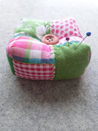 Patchwork Pincushion, Hand Embroidered Crazy Quilt Design in Pinks and Greens