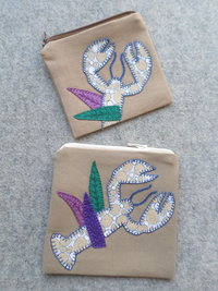 Maine Lobster Zip Bag, Hand Embroidered Coin Purse