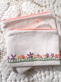 Wildflowers Zip Bag, Hand Embroidered Coin Purse with Floral Design