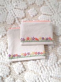 Wildflowers Zip Bag, Hand Embroidered Coin Purse with Floral Design