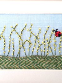 Forsythia Downeast Spring 5" x 7" Hand Embroidered Crewel Wall Art
