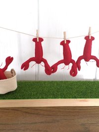 Miniature Downeast Maine Clothesline with Red Lobsters and Laundry Basket 