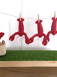 Miniature Downeast Maine Clothesline with Red Lobsters and Laundry Basket 