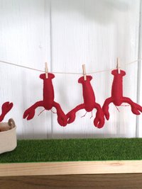 Miniature Downeast Maine Clothesline with Red Lobsters and Laundry Basket 