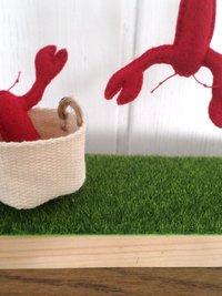 Miniature Downeast Maine Clothesline with Red Lobsters and Laundry Basket 