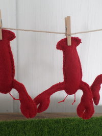 Miniature Downeast Maine Clothesline with Red Lobsters and Laundry Basket 