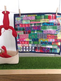Miniature Downeast Maine Clothesline with Embroidered Patchwork Crazy Quilt and Red Lobsters 