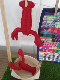 Miniature Downeast Maine Clothesline with Embroidered Patchwork Crazy Quilt and Red Lobsters 